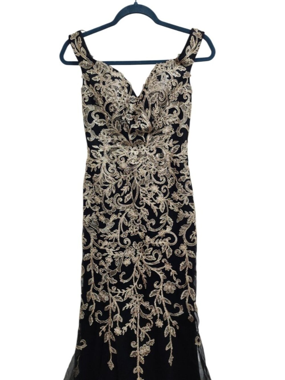 JVN by Jovani Black Gold Embroidered Mermaid Evening Gown Prom Formal Dress 2 - Picture 3 of 15